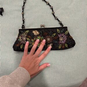 Floral Embroidered Black Clutch with Chain Strap
